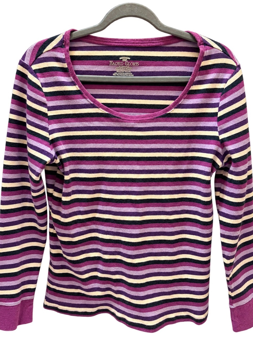 Faded Glory Purple, Cream & Black Striped Scoop Neck Long Sleeve Top